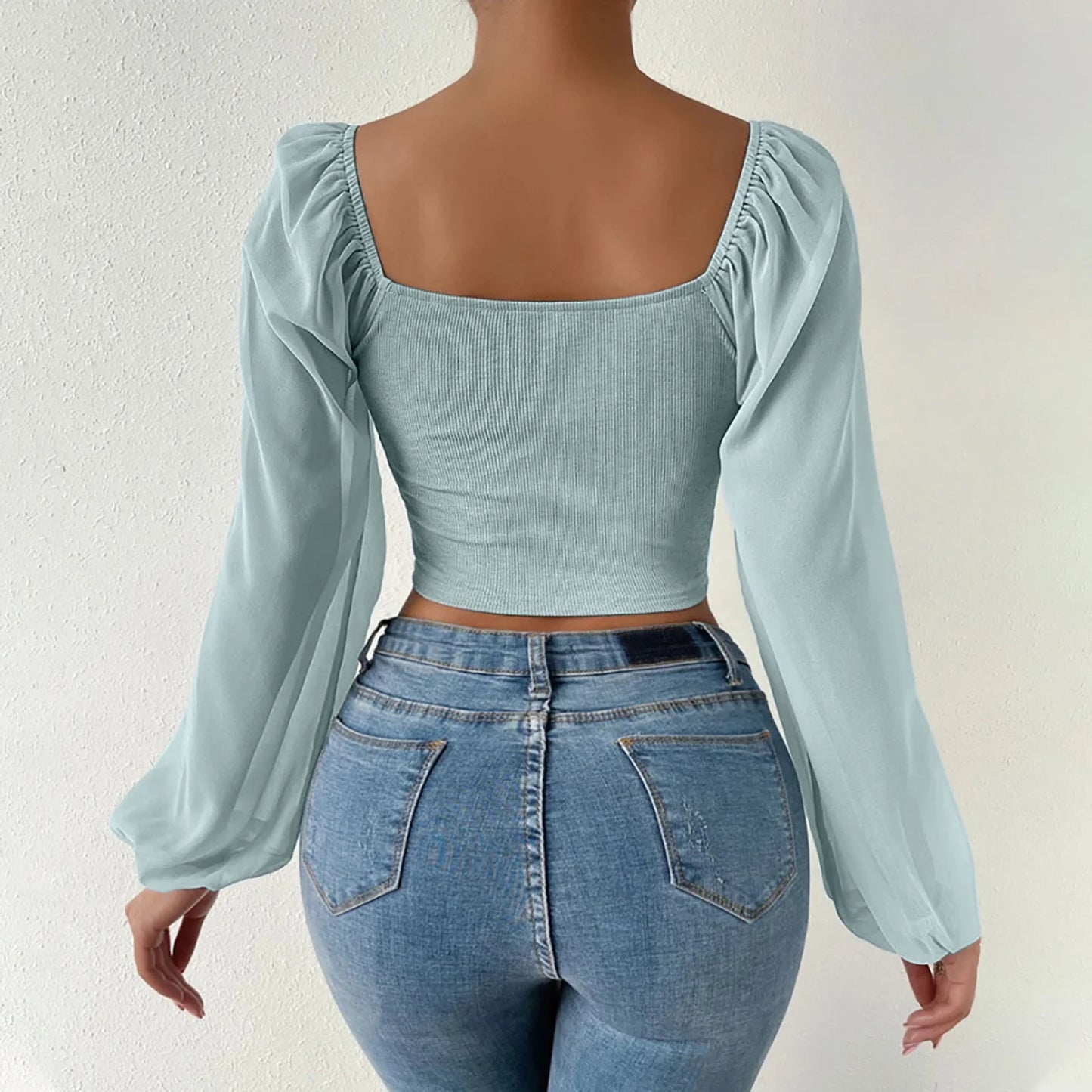 Crop Tops for Women Mesh Long Sleeve Ruched Drawstring Shirts Tops V Neck Ribbed Solid Color Cropped Top Blouses