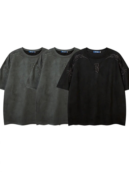 Men's Embroidered Suede Drop Shoulder T-Shirt - Soft and Comfortable Half Sleeve Round Neck Tee for Summer Streetwear and Everyday Use