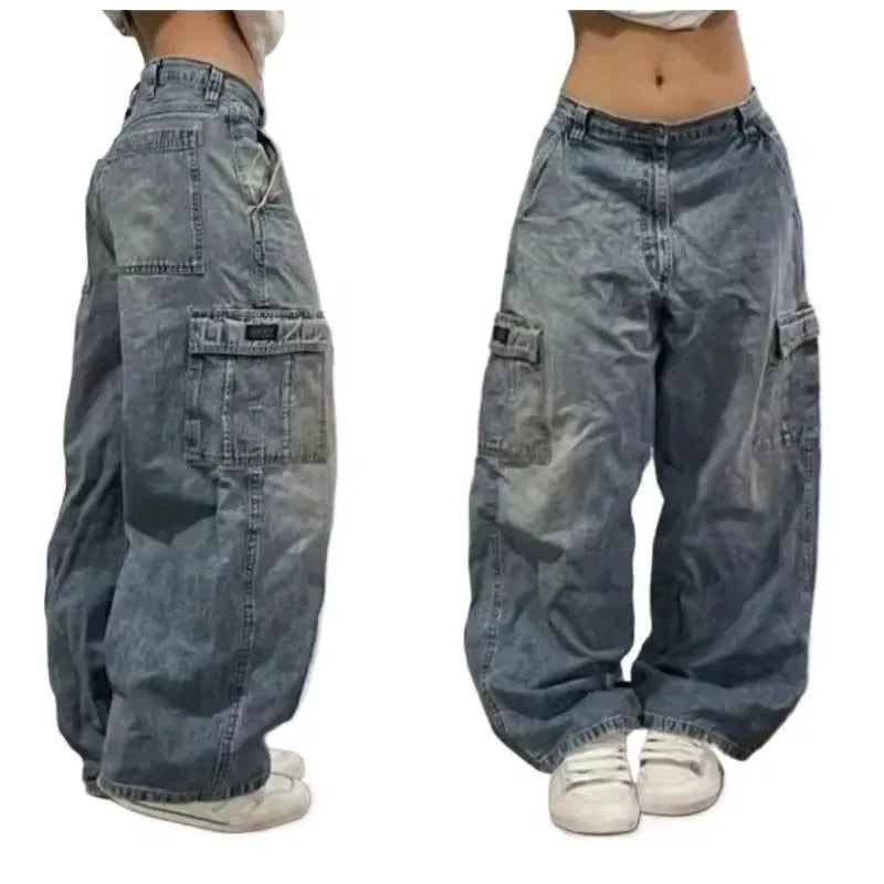 Men's Vintage High-Waisted Blue Baggy Jeans with Wide Leg and Harajuku-Inspired Embroidery