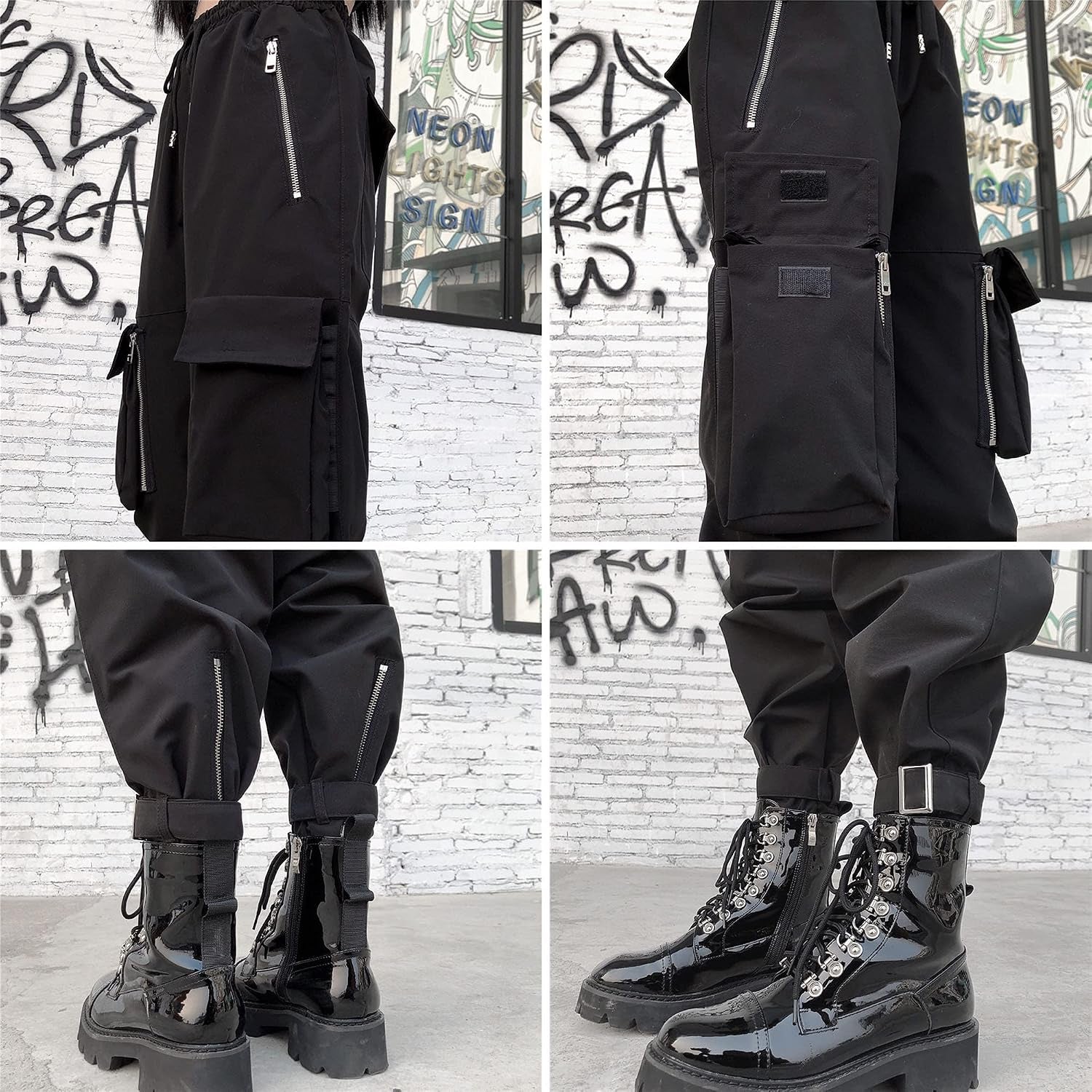 Black Cargo Pants Women Loose Chained Multi-Pocket Multi-Zip Punk Goth Pants
