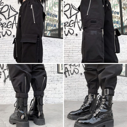 Black Cargo Pants Women Loose Chained Multi-Pocket Multi-Zip Punk Goth Pants