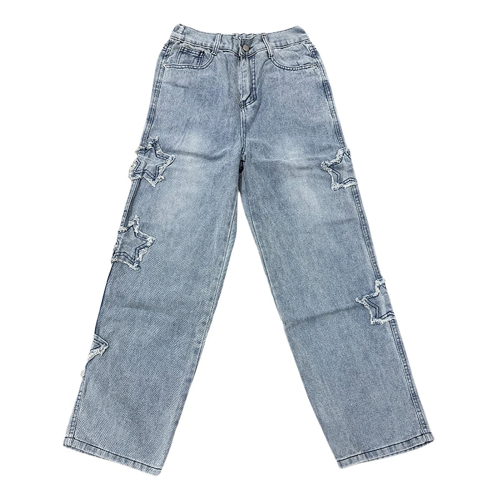 Star Embroidered Wide Leg Casual Jeans for Men - Gothic Inspired Hip-Hop Fashion Streetwear Denim Trousers Y2K