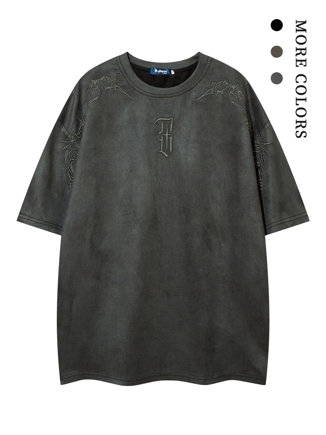 Men's Embroidered Suede Drop Shoulder T-Shirt - Soft and Comfortable Half Sleeve Round Neck Tee for Summer Streetwear and Everyday Use