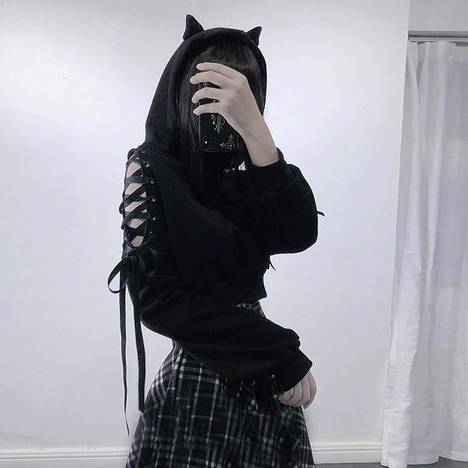 Women's Y2K Long Sleeve Cat Ear Crop Top with Gothic Cold Shoulder and Lace-Up Accents