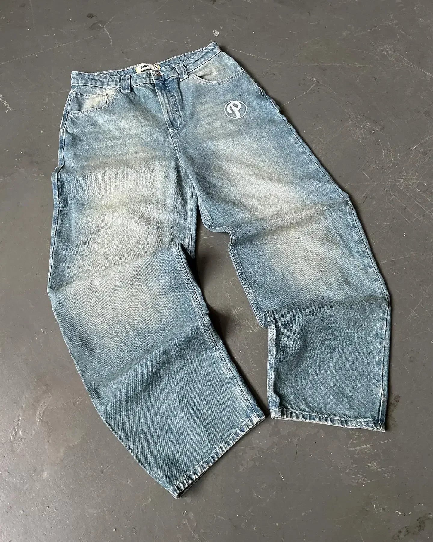 Men's Vintage High-Waisted Blue Baggy Jeans with Wide Leg and Harajuku-Inspired Embroidery