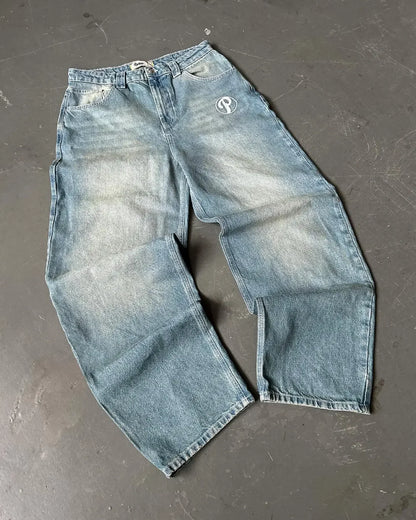 Men's Vintage High-Waisted Blue Baggy Jeans with Wide Leg and Harajuku-Inspired Embroidery