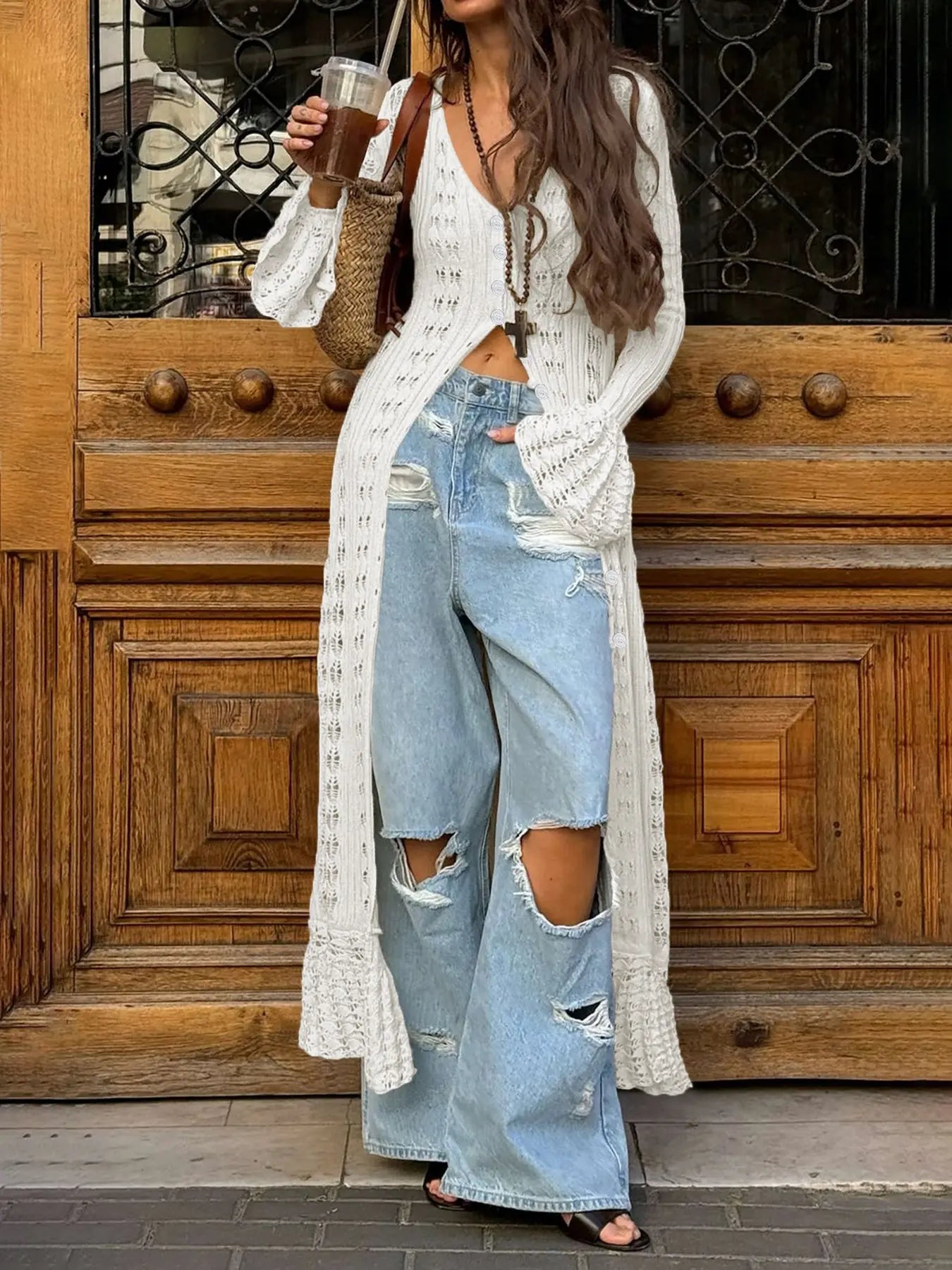 Women's Elegant Lightweight Hollow Out Cardigan with Button Front and Flounce Sleeves for Summer and Daily Wear