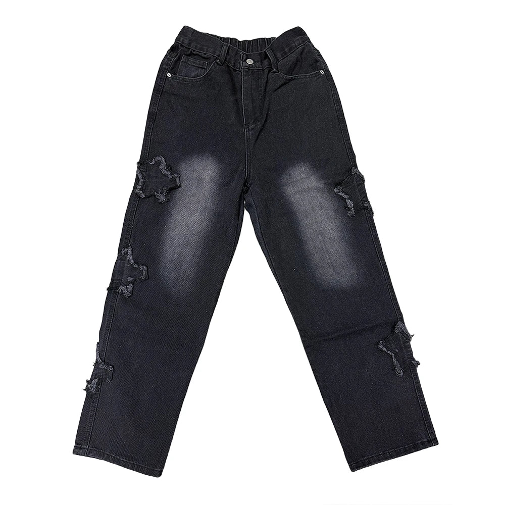 Star Embroidered Wide Leg Casual Jeans for Men - Gothic Inspired Hip-Hop Fashion Streetwear Denim Trousers Y2K