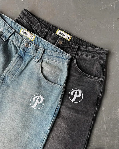 Men's Vintage High-Waisted Blue Baggy Jeans with Wide Leg and Harajuku-Inspired Embroidery