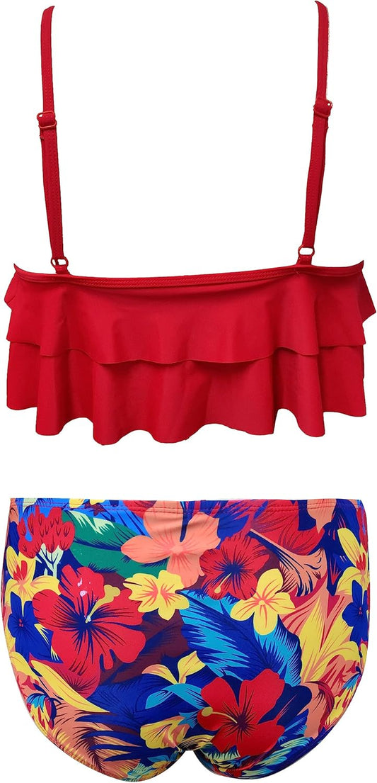 Girls Floral Printing Bathing Suits Ruffle Flounce Two Piece Swimsuits