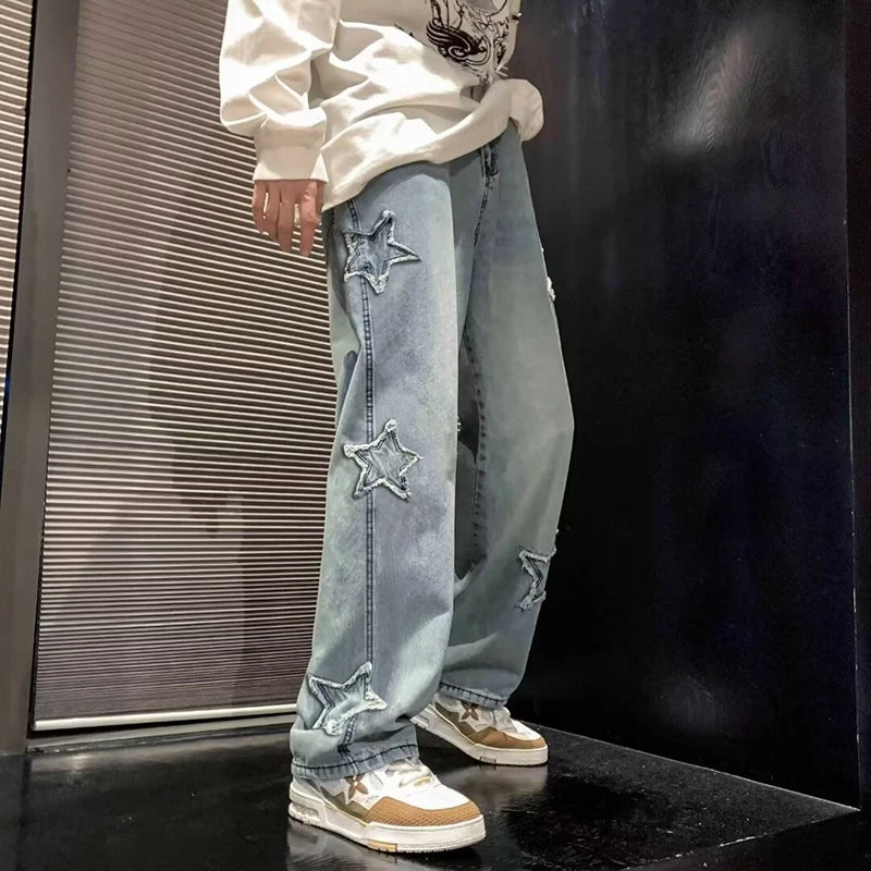 Star Embroidered Wide Leg Casual Jeans for Men - Gothic Inspired Hip-Hop Fashion Streetwear Denim Trousers Y2K