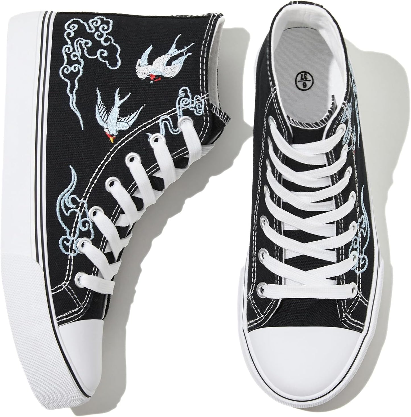 Women's Lace-Up High Top Canvas Sneakers - Casual Walking Shoes in White and Black