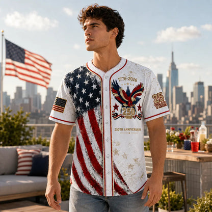 Unisex Vintage 250th Anniversary Patriotic Baseball Jersey Featuring Distressed American Flag Eagle Graphic for 4th of July Celebrations (1776-2026)