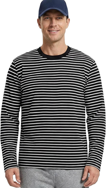Men'S Casual Cotton Spandex Striped Crewneck Long-Sleeve T-Shirt Basic Pullover Stripe Tee Shirt