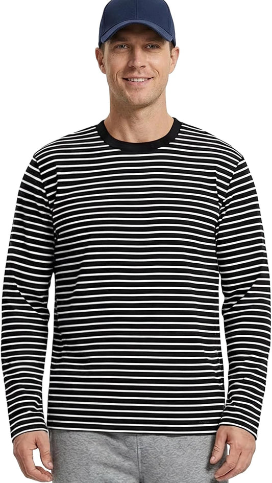 Men'S Casual Cotton Spandex Striped Crewneck Long-Sleeve T-Shirt Basic Pullover Stripe Tee Shirt